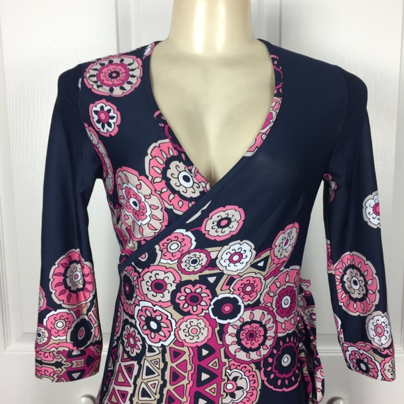  Fun Colorful Navy / Pink Wrap Dress - Picture 2 of 7